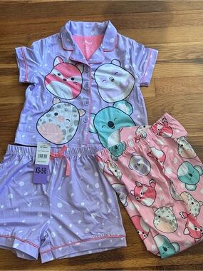 Squishmallows 3 Piece Pajama Set Girls Size 5/6 XS Purple Pink Cozy Lounge NEW